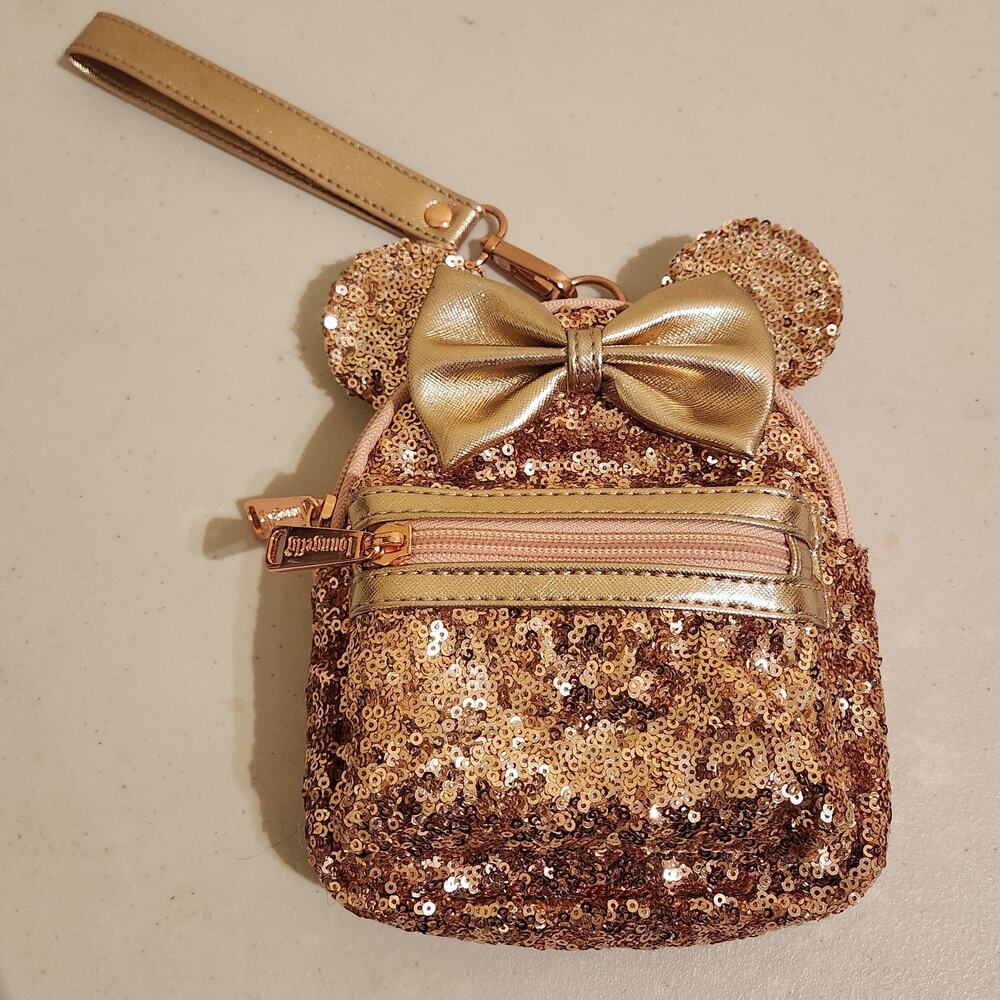 Loungefly Disney Parks Rose Gold Sequin Mini Backpack Wristlet Minnie Lux Bag - Picture 8 of 8